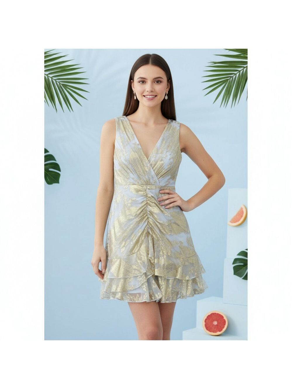 KOBI Halperin Orly Silk Golden Dress Ruffles, Cottagecore, Fairy, Whimsical XL